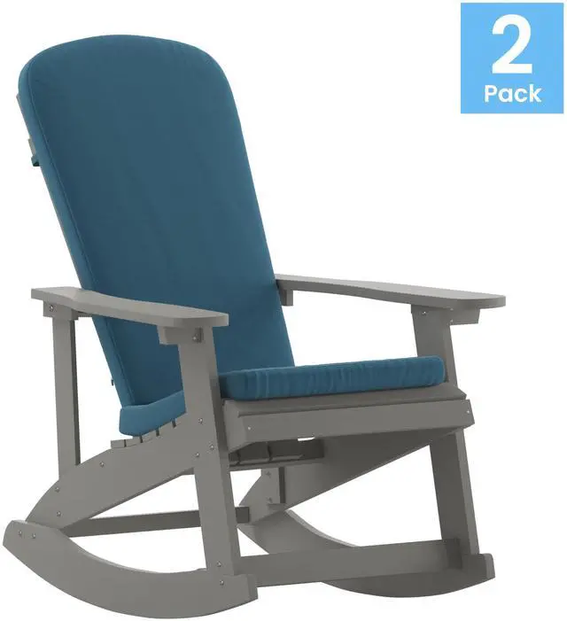 Alt view image 16 of 20 - Savannah Set of 2 All-Weather Poly Resin Wood Adirondack Rocking Chairs in Gray with Teal Cushions for Deck, Porch, and Patio