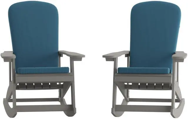 Alt view image 15 of 20 - Savannah Set of 2 All-Weather Poly Resin Wood Adirondack Rocking Chairs in Gray with Teal Cushions for Deck, Porch, and Patio