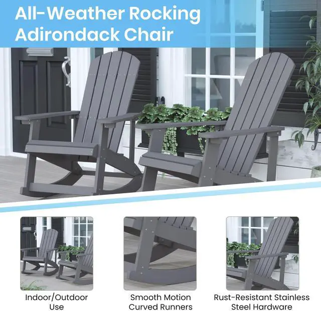 Alt view image 18 of 20 - Savannah Set of 2 All-Weather Poly Resin Wood Adirondack Rocking Chairs in Gray with Teal Cushions for Deck, Porch, and Patio