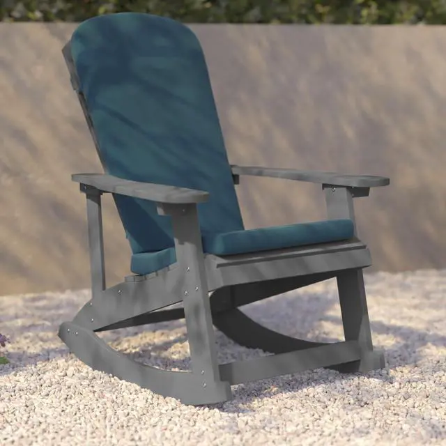 Alt view image 20 of 20 - Savannah Set of 2 All-Weather Poly Resin Wood Adirondack Rocking Chairs in Gray with Teal Cushions for Deck, Porch, and Patio