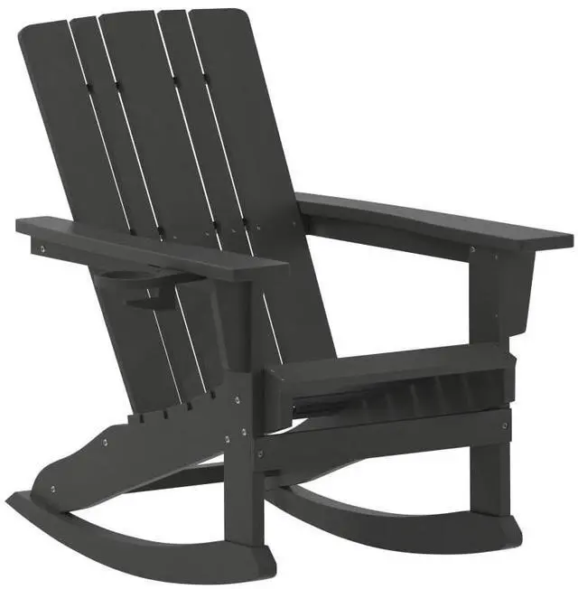 Alt view image 8 of 14 - Flash Furniture Halifax Adirondack Rocking Chair with Cup Holder Black (LEHMP104531BK)