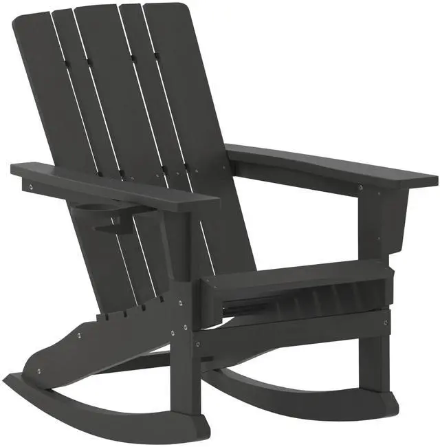 Alt view image 9 of 14 - Flash Furniture Halifax Adirondack Rocking Chair with Cup Holder Black (LEHMP104531BK)