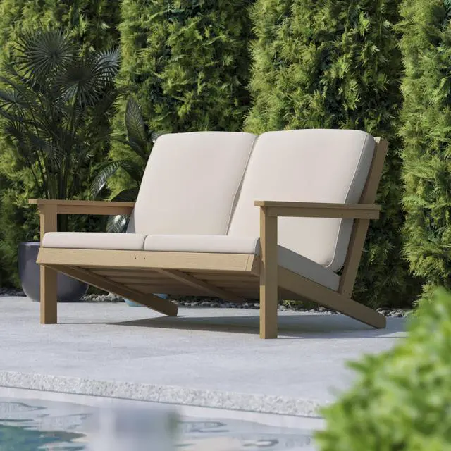 Alt view image 16 of 20 - Charlestown All-Weather Poly Resin Wood Adirondack Style Deep Seat Patio Loveseat with Cushions, Natural Cedar/Cream