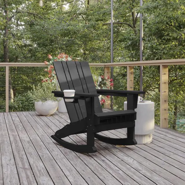 Alt view image 10 of 14 - Flash Furniture Halifax Adirondack Rocking Chair with Cup Holder Black (LEHMP104531BK)