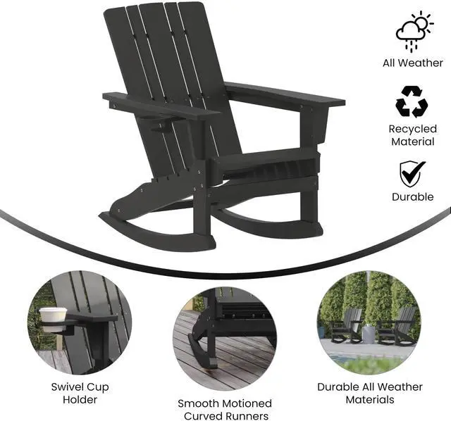 Alt view image 11 of 14 - Flash Furniture Halifax Adirondack Rocking Chair with Cup Holder Black (LEHMP104531BK)