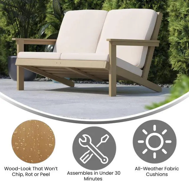 Alt view image 17 of 20 - Charlestown All-Weather Poly Resin Wood Adirondack Style Deep Seat Patio Loveseat with Cushions, Natural Cedar/Cream