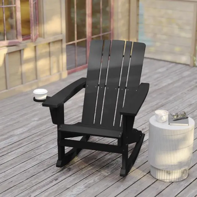 Alt view image 12 of 14 - Flash Furniture Halifax Adirondack Rocking Chair with Cup Holder Black (LEHMP104531BK)
