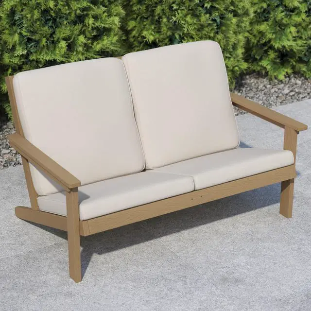 Alt view image 18 of 20 - Charlestown All-Weather Poly Resin Wood Adirondack Style Deep Seat Patio Loveseat with Cushions, Natural Cedar/Cream