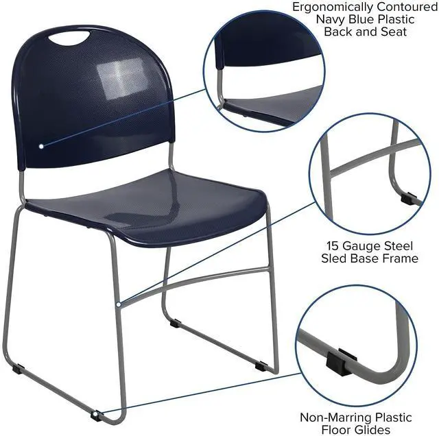 Alt view image 14 of 17 - 5 Pack HERCULES Series 880 lb. Capacity Navy Ultra-Compact Stack Chair with Silver Powder Coated Frame