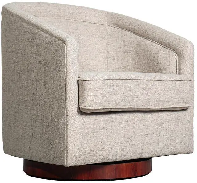 Alt view image 2 of 7 - Flash Furniture Dean Upholstered Barrel Chair, Commercial 360° Swivel Club Style Chair, Sloped Armrests, Woodgrain Vinyl Wrapped Metal Base, Cream Fabric