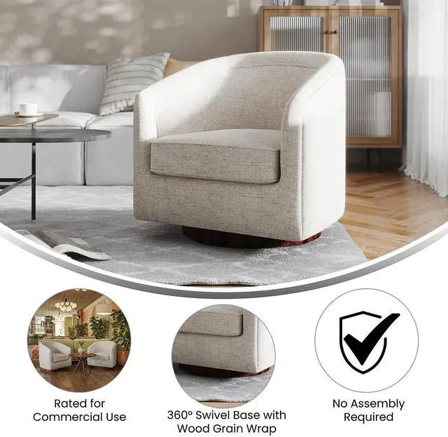 Alt view image 4 of 7 - Flash Furniture Dean Upholstered Barrel Chair, Commercial 360° Swivel Club Style Chair, Sloped Armrests, Woodgrain Vinyl Wrapped Metal Base, Cream Fabric