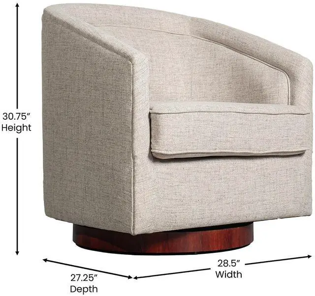 Alt view image 5 of 7 - Flash Furniture Dean Upholstered Barrel Chair, Commercial 360° Swivel Club Style Chair, Sloped Armrests, Woodgrain Vinyl Wrapped Metal Base, Cream Fabric
