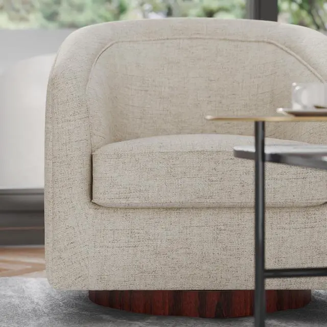 Alt view image 3 of 7 - Flash Furniture Dean Upholstered Barrel Chair, Commercial 360° Swivel Club Style Chair, Sloped Armrests, Woodgrain Vinyl Wrapped Metal Base, Cream Fabric