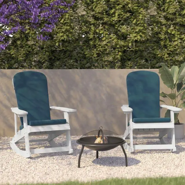 Alt view image 14 of 20 - Savannah Set of 2 All-Weather Poly Resin Wood Adirondack Rocking Chairs in White with Teal Cushions for Deck, Porch, and Patio