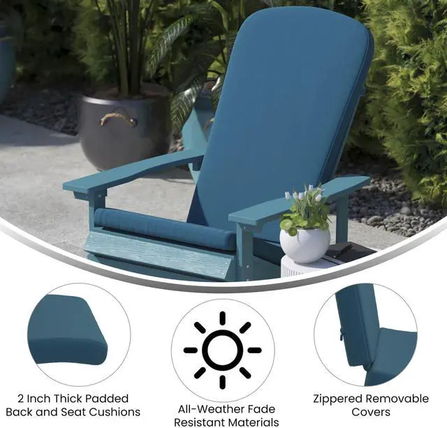 Alt view image 19 of 20 - Savannah Set of 2 All-Weather Poly Resin Wood Adirondack Rocking Chairs in White with Teal Cushions for Deck, Porch, and Patio