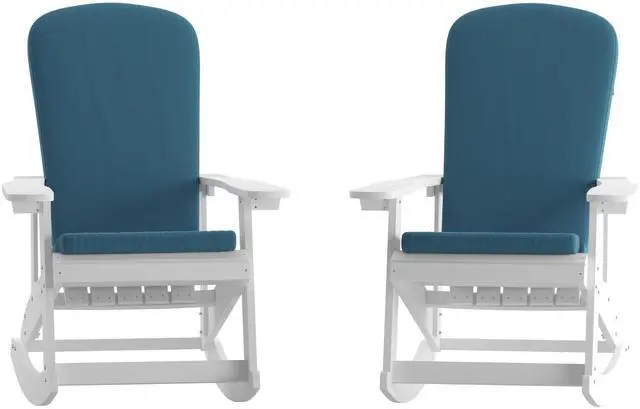 Alt view image 15 of 20 - Savannah Set of 2 All-Weather Poly Resin Wood Adirondack Rocking Chairs in White with Teal Cushions for Deck, Porch, and Patio