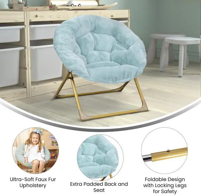 Alt view image 20 of 20 - Gwen 23" Kids Cozy Mini Folding Saucer Chair, Faux Fur Moon Chair for Toddlers and Bedroom, Dusty Aqua/Soft Gold