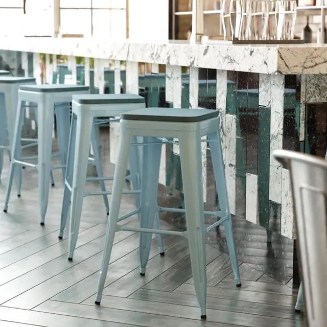 Alt view image 11 of 15 - Cierra Set of 4 Commercial Grade 30" High Backless Gunmetal Metal Indoor Bar Height Stools with Black All-Weather Poly Resin Seats