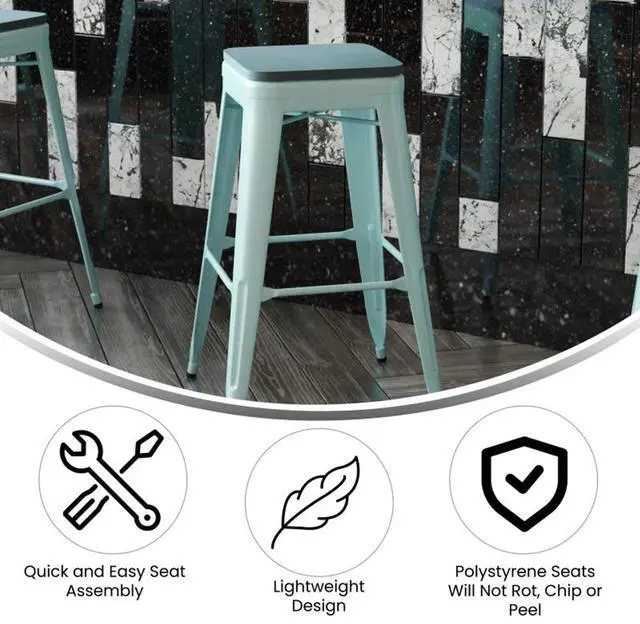Alt view image 12 of 15 - Cierra Set of 4 Commercial Grade 30" High Backless Gunmetal Metal Indoor Bar Height Stools with Black All-Weather Poly Resin Seats