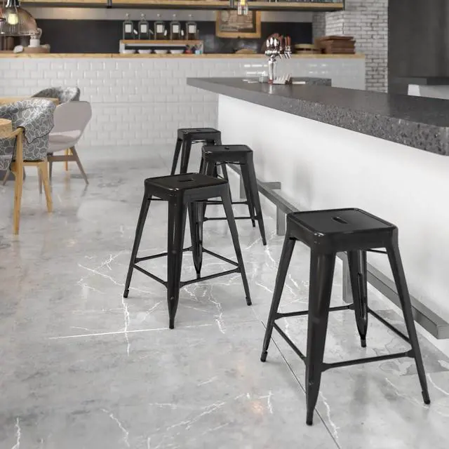 Alt view image 20 of 20 - 24'' High Backless Black Metal Indoor-Outdoor Counter Height Stool with Square Seat