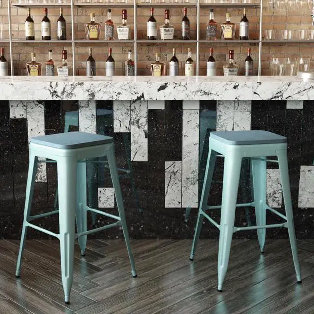 Alt view image 15 of 15 - Cierra Set of 4 Commercial Grade 30" High Backless Gunmetal Metal Indoor Bar Height Stools with Black All-Weather Poly Resin Seats