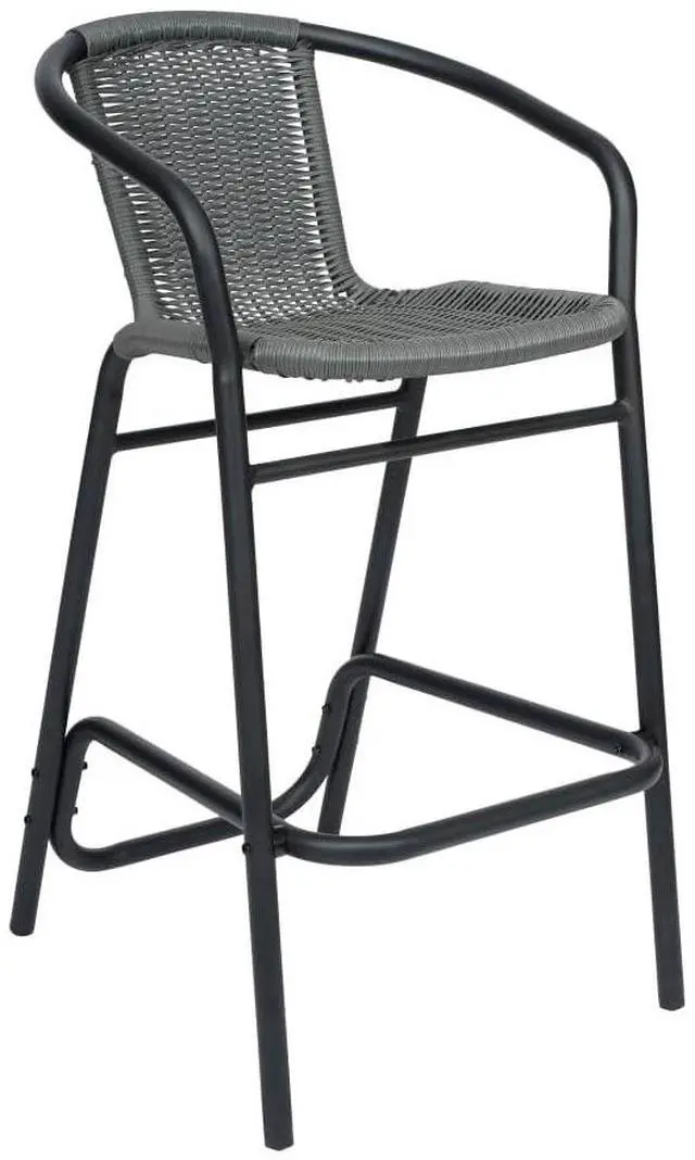 Main image of Flash Furniture Lila Commercial Grade Rattan Indoor-Outdoor Commercial Restaurant Barstool - Rattan Seat and Back - Footrest - Gray - 2 Pack