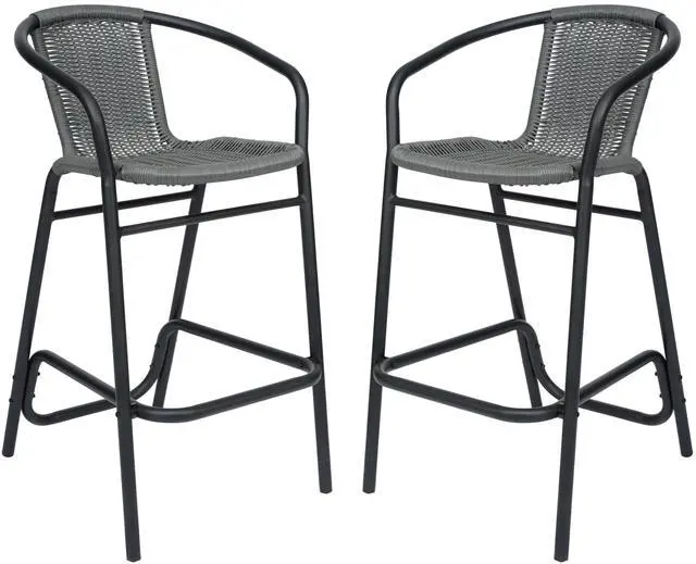 Alt view image 2 of 7 - Flash Furniture Lila Commercial Grade Rattan Indoor-Outdoor Commercial Restaurant Barstool - Rattan Seat and Back - Footrest - Gray - 2 Pack