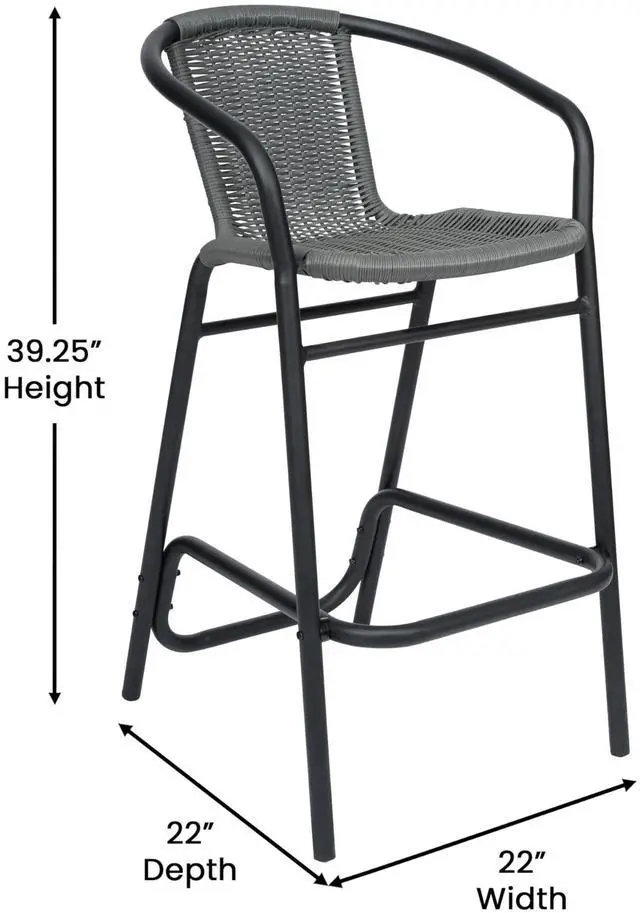 Alt view image 6 of 7 - Flash Furniture Lila Commercial Grade Rattan Indoor-Outdoor Commercial Restaurant Barstool - Rattan Seat and Back - Footrest - Gray - 2 Pack