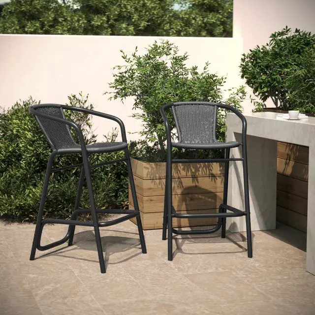 Alt view image 3 of 7 - Flash Furniture Lila Commercial Grade Rattan Indoor-Outdoor Commercial Restaurant Barstool - Rattan Seat and Back - Footrest - Gray - 2 Pack