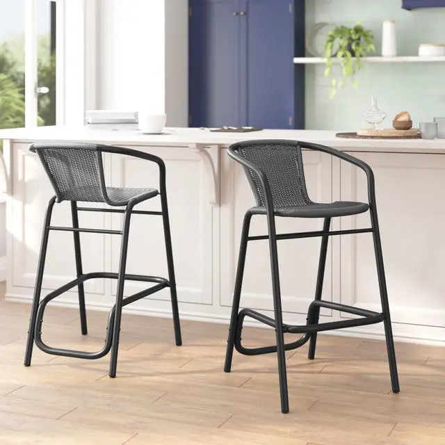 Alt view image 5 of 7 - Flash Furniture Lila Commercial Grade Rattan Indoor-Outdoor Commercial Restaurant Barstool - Rattan Seat and Back - Footrest - Gray - 2 Pack