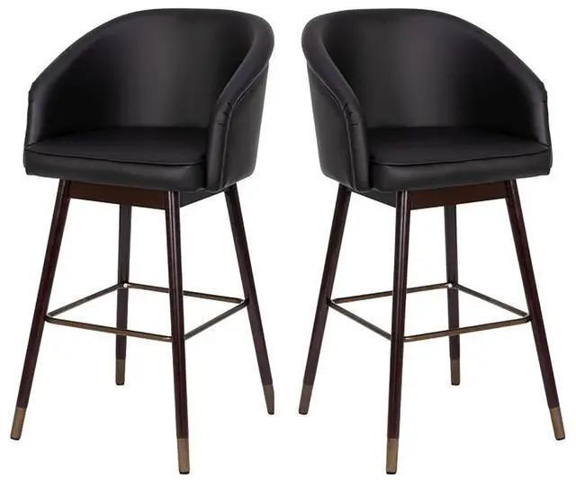 Alt view image 18 of 20 - Margo 30" Commercial Grade Mid-Back Modern Barstool with Walnut Finish Beechwood Legs and Curved Back, Black LeatherSoft/Bronze Accents-Set of 2