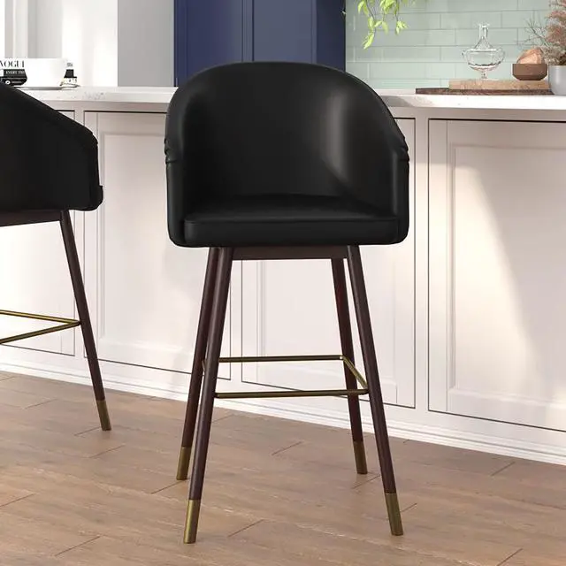 Alt view image 19 of 20 - Margo 30" Commercial Grade Mid-Back Modern Barstool with Walnut Finish Beechwood Legs and Curved Back, Black LeatherSoft/Bronze Accents-Set of 2
