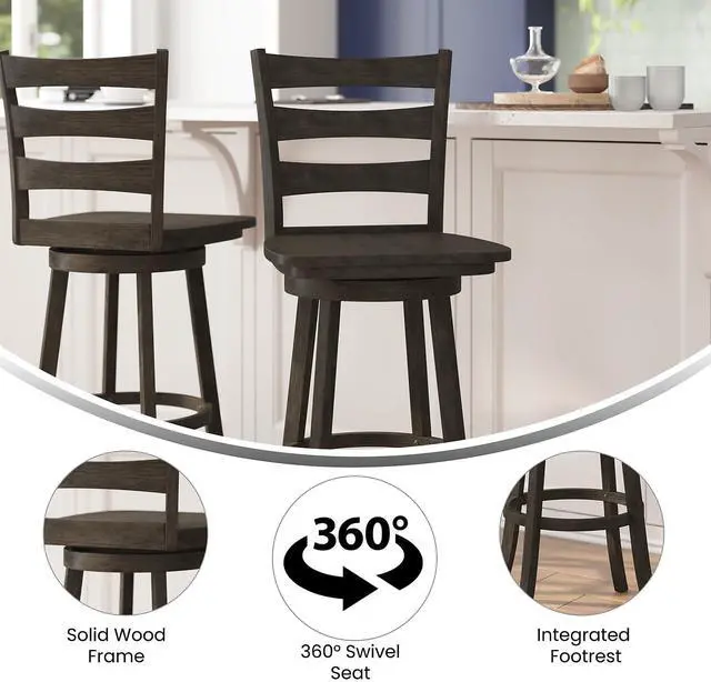 Alt view image 10 of 14 - Flash Furniture Liesel Classic Solid Wood Ladder Back Barstool Gray Wash Walnut (ESUN31WS29GY)