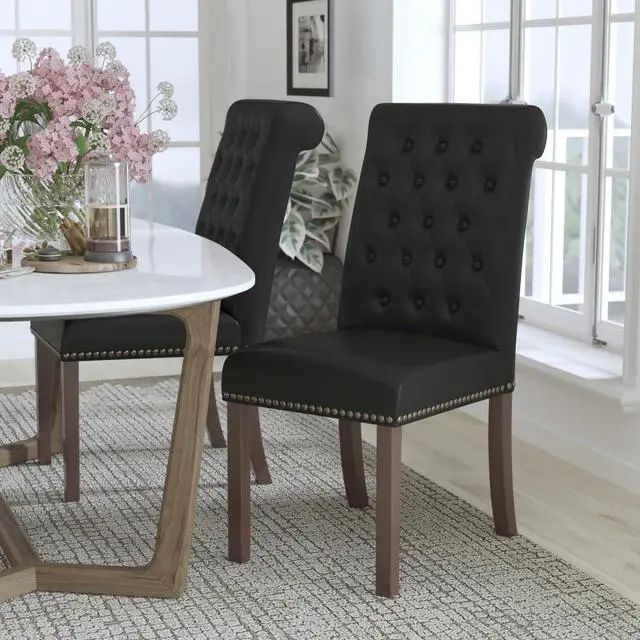 Alt view image 18 of 20 - HERCULES Series Black Leather Parsons Chair with Rolled Back, Accent Nail Trim and Walnut Finish