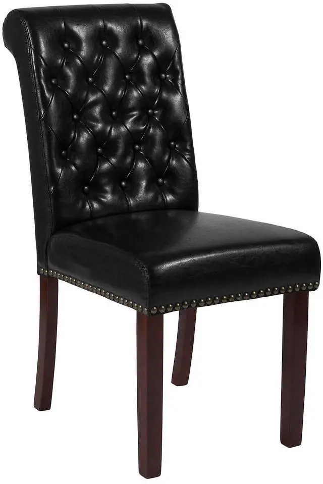 Alt view image 19 of 20 - HERCULES Series Black Leather Parsons Chair with Rolled Back, Accent Nail Trim and Walnut Finish