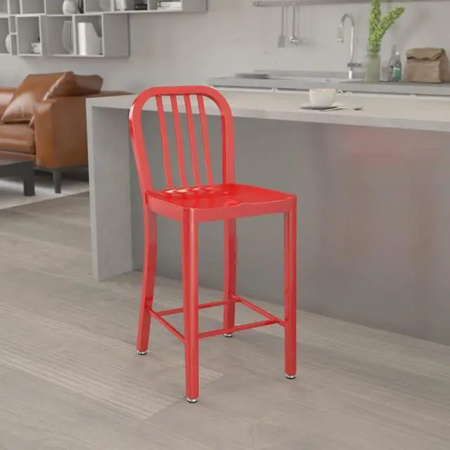 Alt view image 20 of 20 - Commercial Grade 24" High Red Metal Indoor-Outdoor Counter Height Stool with Vertical Slat Back