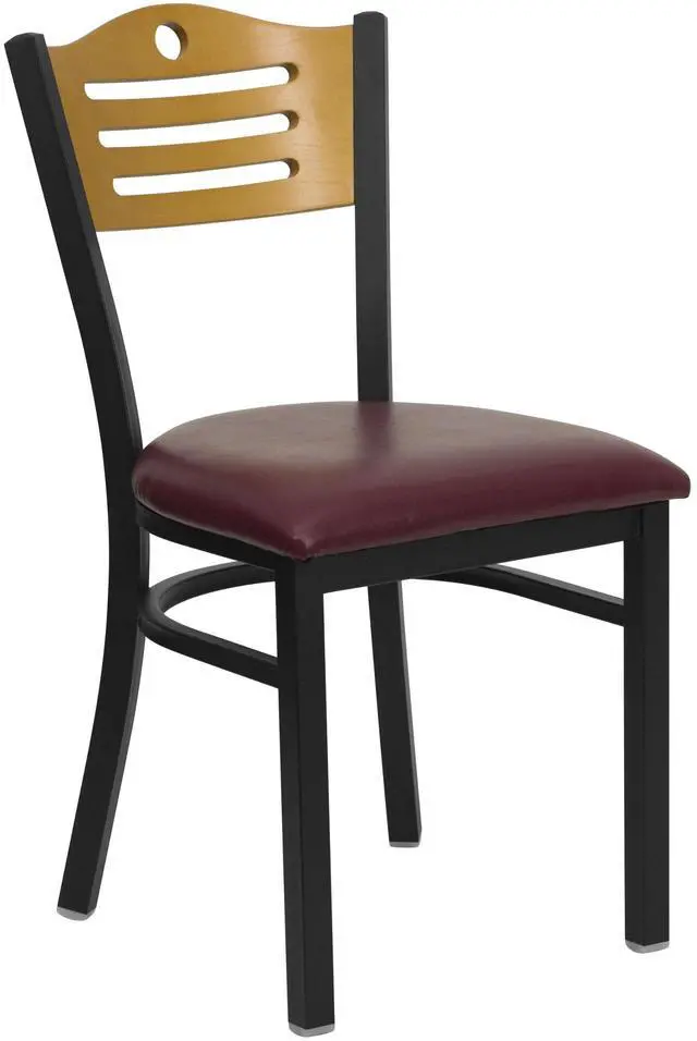 Alt view image 10 of 14 - HERCULES Series Black Slat Back Metal Restaurant Chair - Natural Wood Back, Burgundy Vinyl Seat