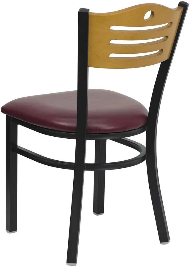 Alt view image 12 of 14 - HERCULES Series Black Slat Back Metal Restaurant Chair - Natural Wood Back, Burgundy Vinyl Seat