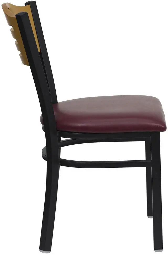 Alt view image 13 of 14 - HERCULES Series Black Slat Back Metal Restaurant Chair - Natural Wood Back, Burgundy Vinyl Seat