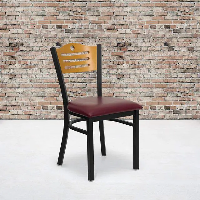 Alt view image 11 of 14 - HERCULES Series Black Slat Back Metal Restaurant Chair - Natural Wood Back, Burgundy Vinyl Seat