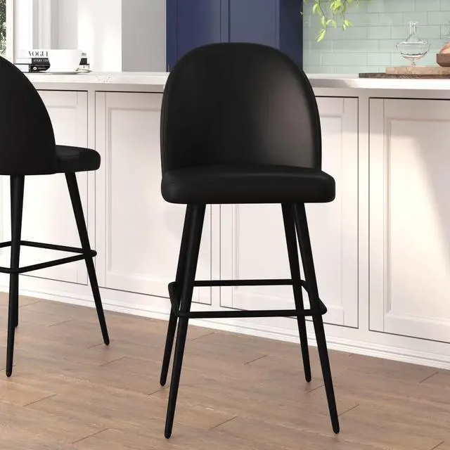 Alt view image 14 of 20 - Lyla 30" Commercial Grade High Back Modern Armless Barstools with Contoured Backrest, Steel Frame and Integrated Footrest, Black LeatherSoft-Set of 2