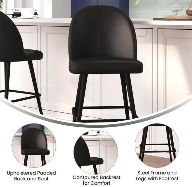 Alt view image 18 of 20 - Lyla 30" Commercial Grade High Back Modern Armless Barstools with Contoured Backrest, Steel Frame and Integrated Footrest, Black LeatherSoft-Set of 2