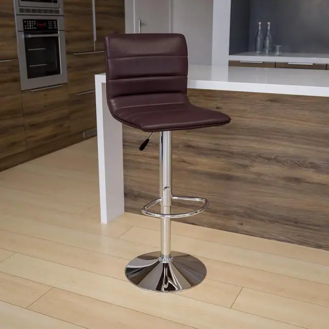 Alt view image 20 of 20 - Modern Brown Vinyl Adjustable Bar Stool with Back, Counter Height Swivel Stool with Chrome Pedestal Base