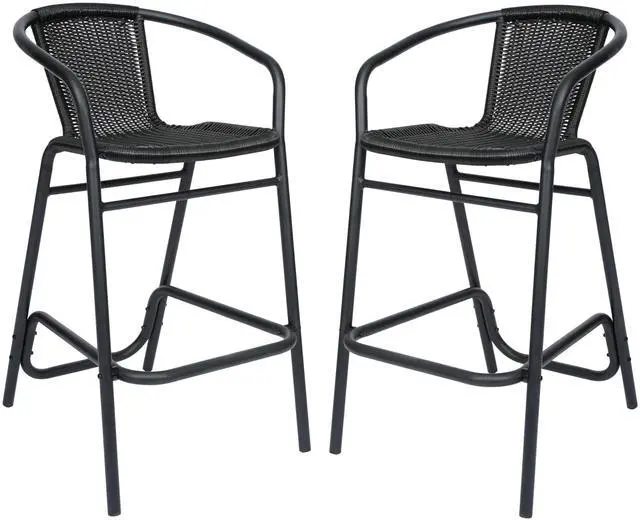 Alt view image 2 of 7 - Flash Furniture Lila Commercial Grade Rattan Indoor-Outdoor Commercial Restaurant Barstool - Rattan Seat and Back - Footrest - Black - 2 Pack