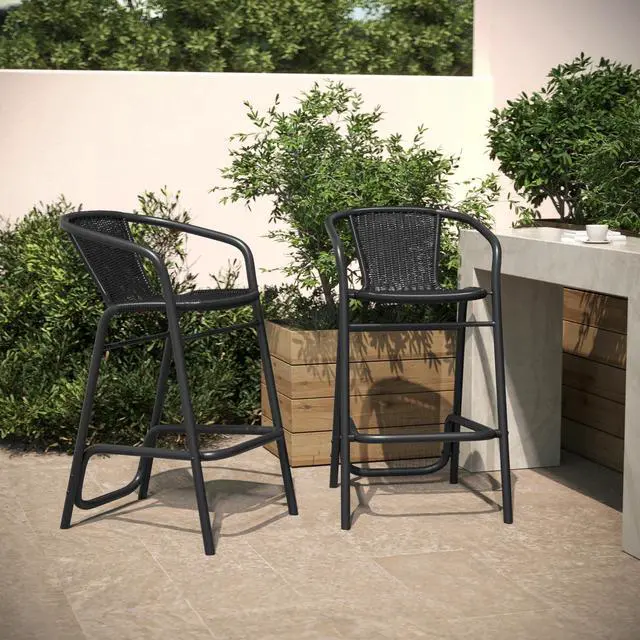 Alt view image 3 of 7 - Flash Furniture Lila Commercial Grade Rattan Indoor-Outdoor Commercial Restaurant Barstool - Rattan Seat and Back - Footrest - Black - 2 Pack