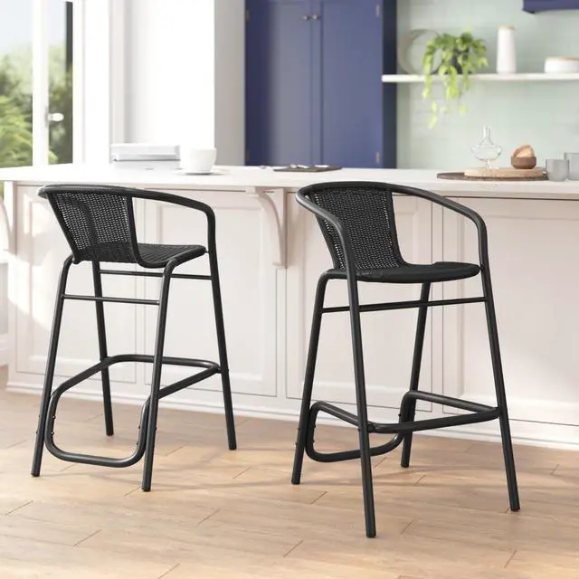 Alt view image 5 of 7 - Flash Furniture Lila Commercial Grade Rattan Indoor-Outdoor Commercial Restaurant Barstool - Rattan Seat and Back - Footrest - Black - 2 Pack