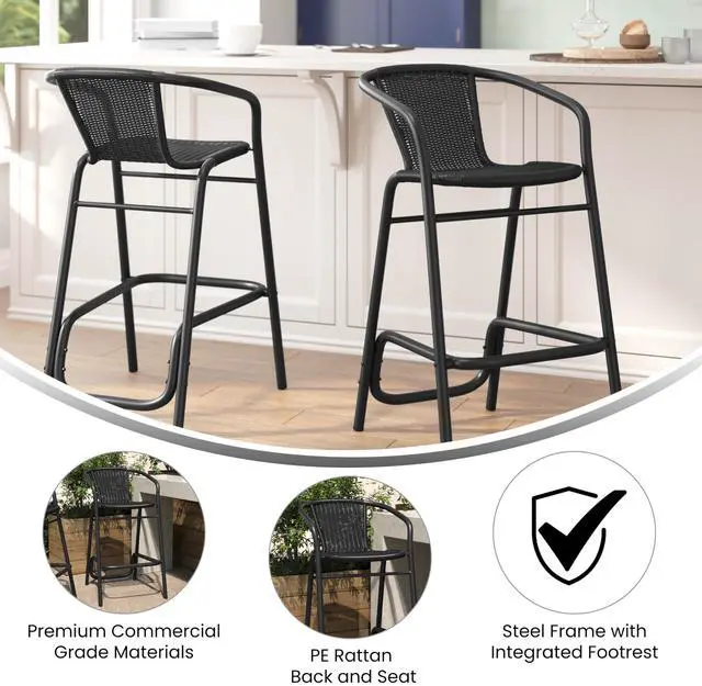 Alt view image 4 of 7 - Flash Furniture Lila Commercial Grade Rattan Indoor-Outdoor Commercial Restaurant Barstool - Rattan Seat and Back - Footrest - Black - 2 Pack