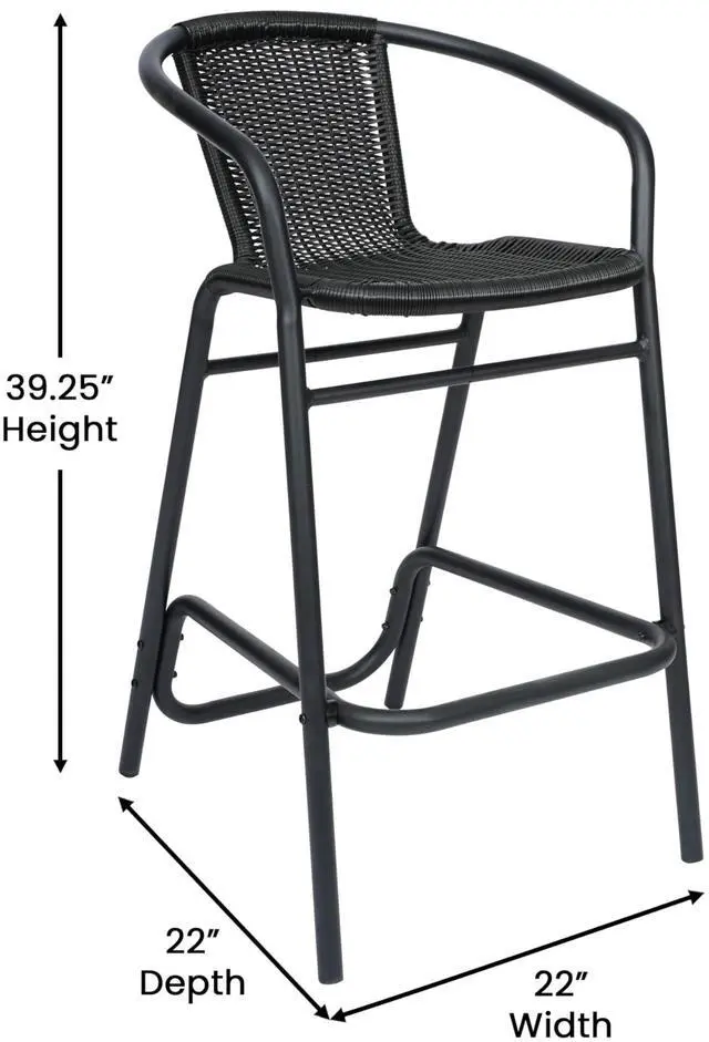 Alt view image 6 of 7 - Flash Furniture Lila Commercial Grade Rattan Indoor-Outdoor Commercial Restaurant Barstool - Rattan Seat and Back - Footrest - Black - 2 Pack
