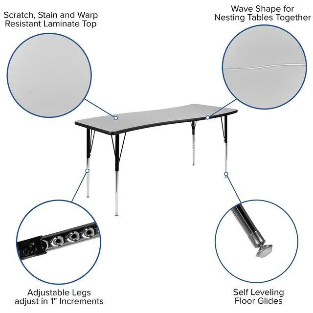 Alt view image 17 of 20 - 26"W x 60"L Rectangular Wave Flexible Collaborative Grey Thermal Laminate Activity Table - Standard Height Adjustable Legs