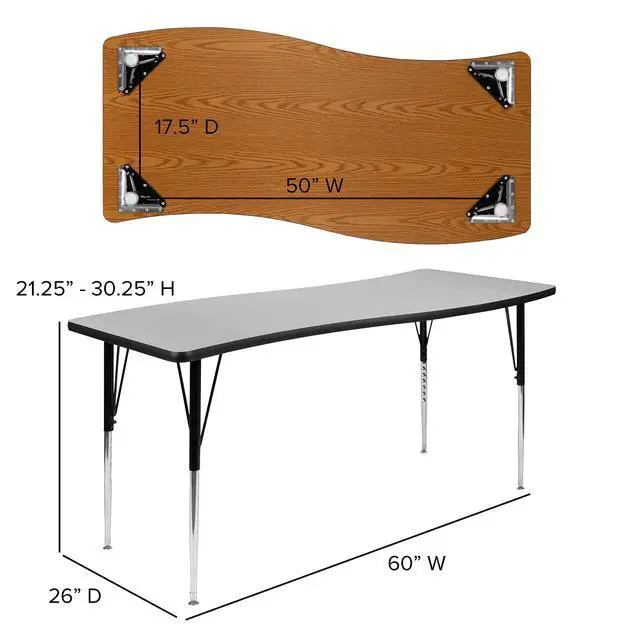Alt view image 18 of 20 - 26"W x 60"L Rectangular Wave Flexible Collaborative Grey Thermal Laminate Activity Table - Standard Height Adjustable Legs